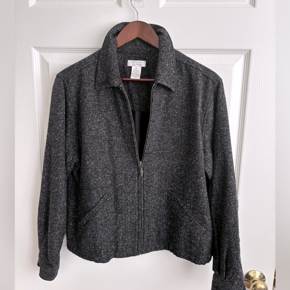 CHRISTOPHER & BANKS GRAY TWEED LONG SLEEVE ZIPPERED FRONT AND BUTTON SLEEVE SZ M